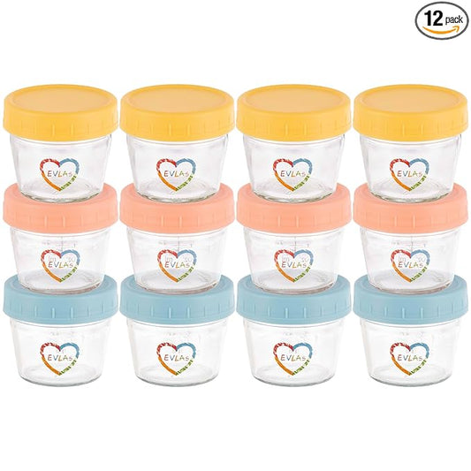 EVLA'S Baby Food Containers 12-Pack - 4 oz Glass Jars with Lids - BPA-Free, Microwave, Freezer, and Dishwasher Safe Glass Baby Food Jars or Toddler Snack Containers for Kids Purees or Breastmilk