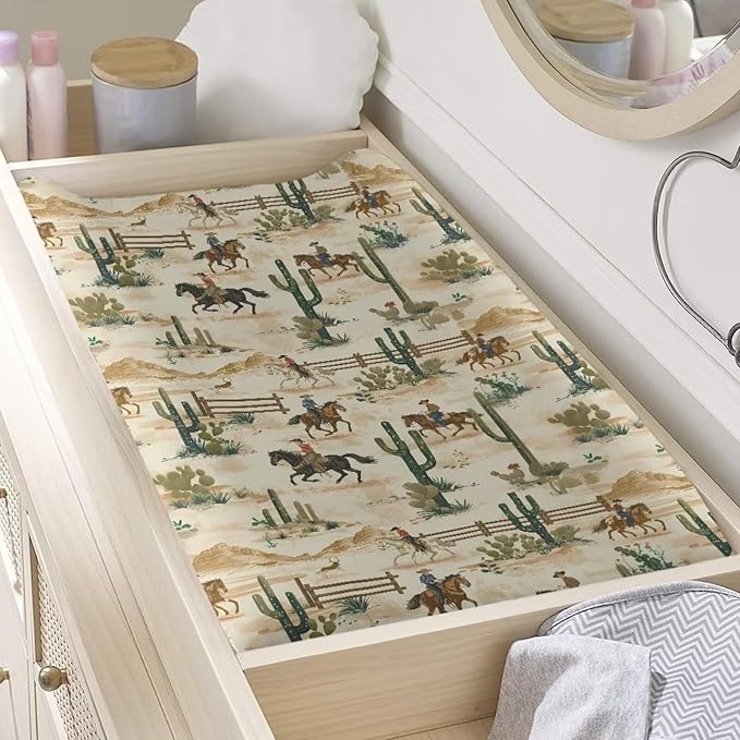 Baby Stretchy Changing Pad Cover, Breathable Changing Pad Cover for Infants and Toddles, Vintage Cowboy Cactus Print 16 * 32 Inches