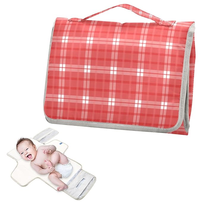 Portable Diaper Changing Pad Travel Baby Changing Mat Waterproof Diaper Changing Mat Foldable Lightweight Baby Changer with Built-in Pillow Checkered Plaid Red