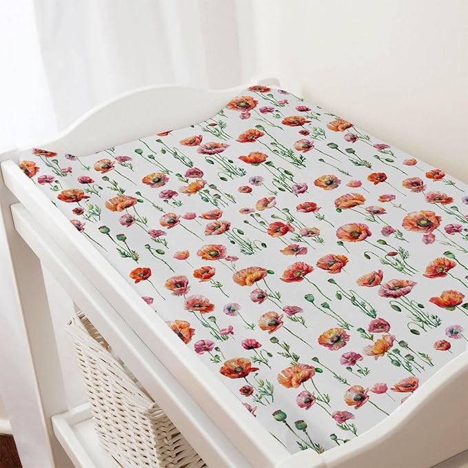 Watercolor Poppy Floral Changing Pad Covers Red Poppy Flowers Diaper Changing Table Pad Sheets for Boys Girls Wild Floral Soft Breathable Stretchy Baby Nursery Diaper Changing Table Mats 32''x16''