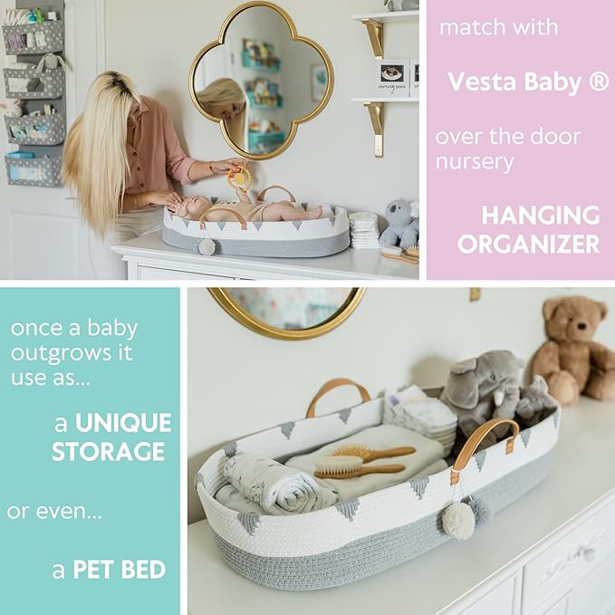 Vesta Baby Woven Cotton Rope Moses Changing Basket - Portable Infant Nursery Dresser Table Topper with Soft Foam Pad & 2 Washable Bamboo Waterproof Covers for Easy Diaper Change - Boho Gray & Beige
