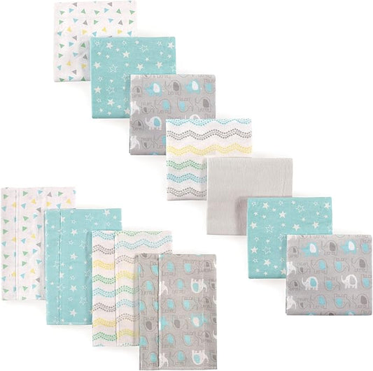 Luvable Friends Unisex Baby Cotton Flannel Burp Cloths and Receiving Blankets, 11-Piece, Basic Elephant, One Size