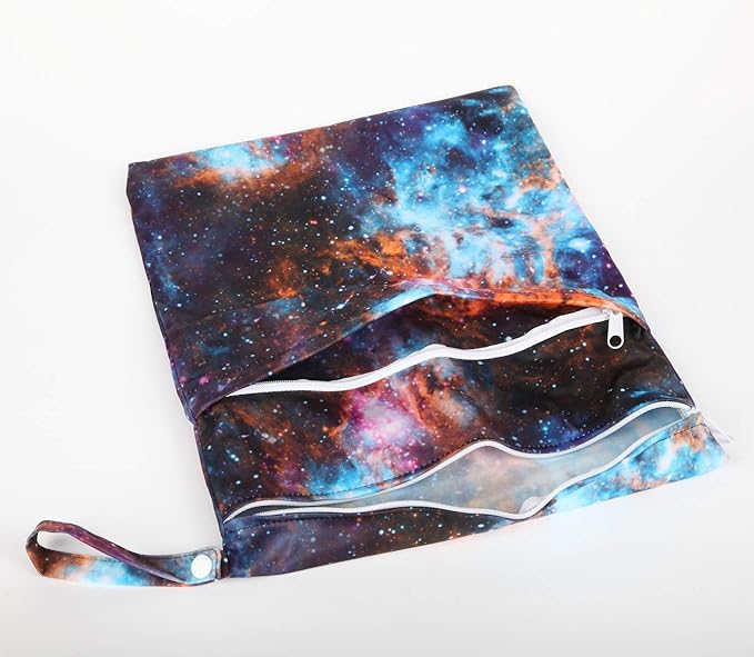 2 Wet Bags Reusable Diaper Nappy Waterproof With Two Zippered Pockets (Stars and Galaxy)