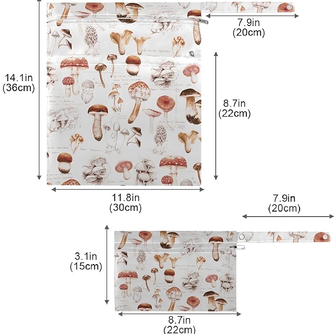visesunny Hand Drawn Mushroom 2Pcs Wet Bag with Zippered Pockets Washable Reusable Roomy for Travel,Beach,Pool,Daycare,Stroller,Diapers,Dirty Gym Clothes, Wet Swimsuits, Toiletries