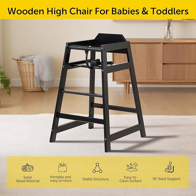 Wooden High Chairs for Babies and Toddlers, Restaurant-Style Stackable High Chair with Commercial Grade Solid Wood for Dining Table & Kitchen, Easy to Clean Baby Booster Seat -Black