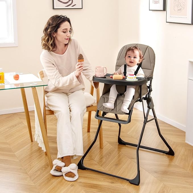 HONEY JOY High Chair, Foldable Baby Feeding Chair, Adjustable Tray & Footrest, Removable Easy-to-Clean PU Seat Cushion, 5-Point Harness, Cup Holder, Highchairs for Babies and Toddlers (Coffee)