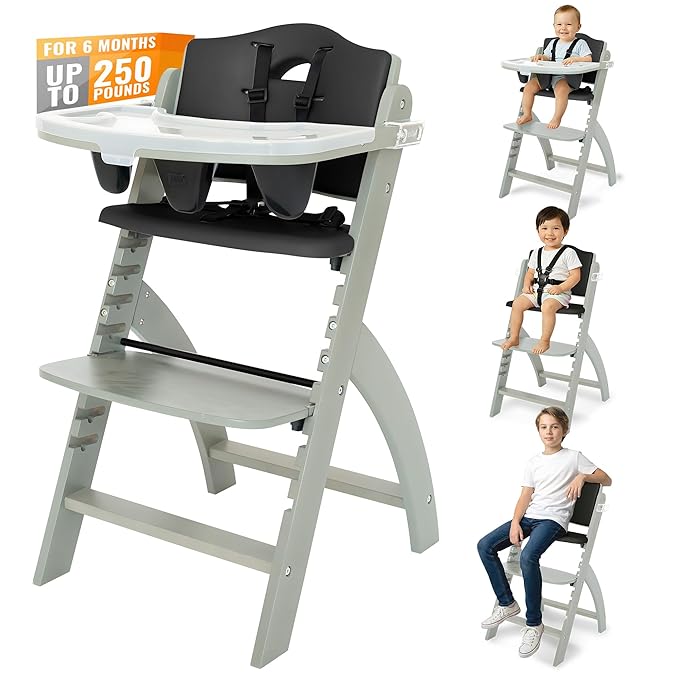 Abiie Beyond Junior Wooden High Chair for Babies and Toddlers - Convertible 3-in-1 Baby Highchair with Removable Tray - 6 Months to 250 Lb - Water Resistant - Misty Grey Wood/Black Pearl Cushion