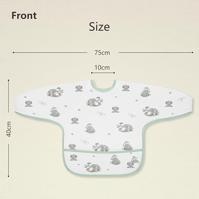 Susurration Long Sleeve Bib for Girl or Boy Baby Smock Bib 2 Pack Waterproof Bibs, Soft Adjustable Long Sleeve Baby Bib, 6-36 Months Baby Feeding Essentials - Green Elephant