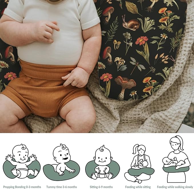 Vintage Mushroom Life Baby Nursing Pillow Covers for Boy Girl Retro Mushroom Leaves Floral Nursery Pillowcase for Breastfeeding Pillows Plant Soft Stretchy Slipcovers for Newborn Infant