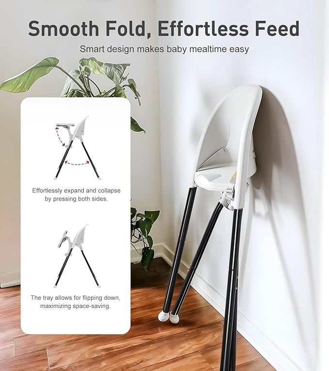 Mallify Foldable High Chair, Space-Saving Portable Baby High Chair with Removable Double Tray, Modern Convertible Baby Feeding Chair, Lightweight, Easy to Clean, White
