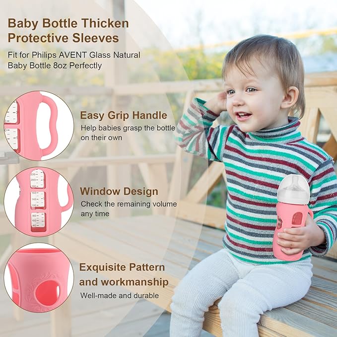 Silicone Sleeves with Handles for Avent Natural Glass Baby Bottle, Compatible with Philips Avent Anti Colic Baby Bottles 8 oz, Anti Breakage Baby Bottle Holder Cover, Sleeve Only, Pink