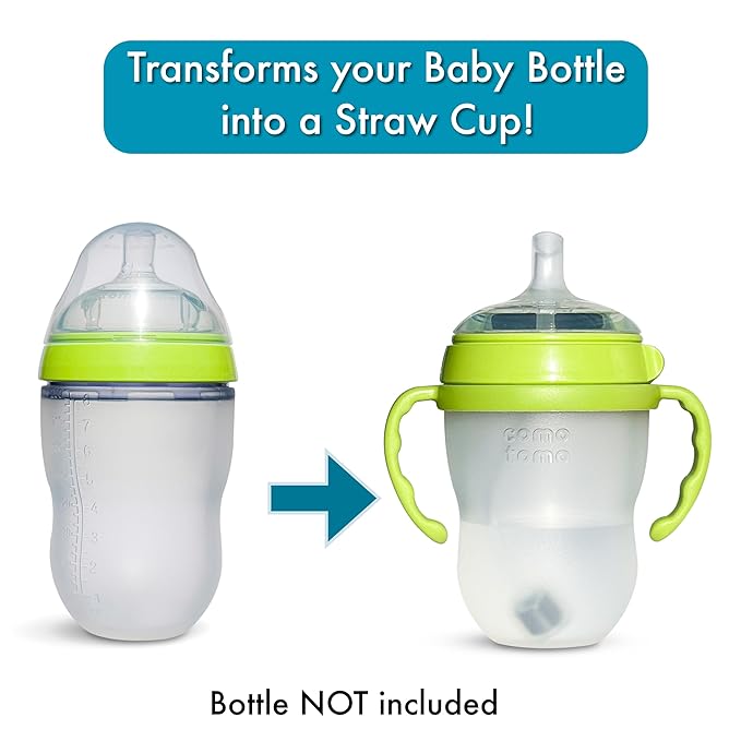 Straw Cup Conversion Kit for Comotomo Baby Bottles 3-Count, Soft Food Grade Silicone Straw Spout Nipples, All Silicone Weighted Straw, Green Bottle Handles and Cleaning Brush, BPA Free, 6+ Months