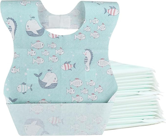 Baby Disposable Bibs Travel Feeding Bib 25pcs - Leakproof Liner, Food Catcher Pocket for 6-18 Months Babies Toddlers