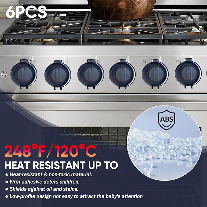 6 Pack Stove Knob Safety Covers, Universal Size, Gas Stove knob Covers with Extra Adhesive, Waterproof, Oil-Resistant, and Heat-Resistant, Gas Stove Knob Covers for Child Safety and Pet(Black)