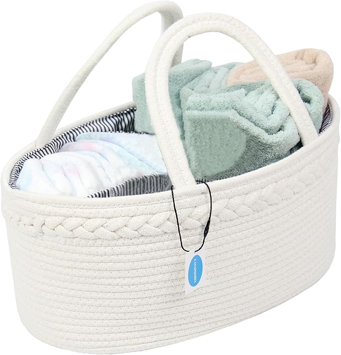 Casaphoria Woven Sundries Hamper - Cotton Rope Basket for Storage, Caddy, Organizer with Handle - Cream White (14.2"x8.5"x7.1")