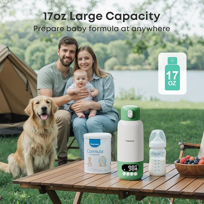 Portable Bottle Warmer for Travel, Fast Heating in 2 Mins, Dual Heating for Breastmilk & Water, Long Battery Life, 6 Temp Settings with Keep Warm, Built-in Sterilizer, 17oz (Green)