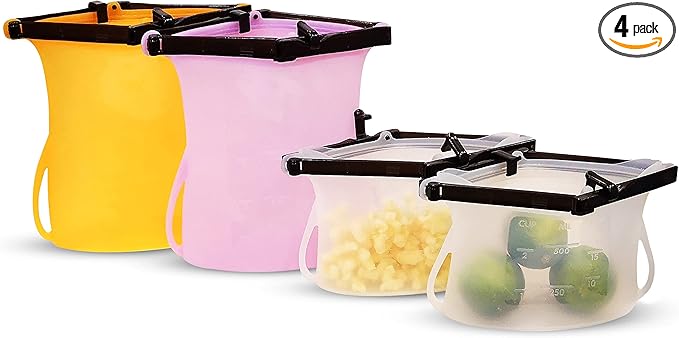 Reusable Silicone Stand-Up Food Storage Freezer Bags Microwave Freezer Dishwasher Safe Snack Bags (2 x 33 Oz + 2 x 17 Oz Random Color Varies)