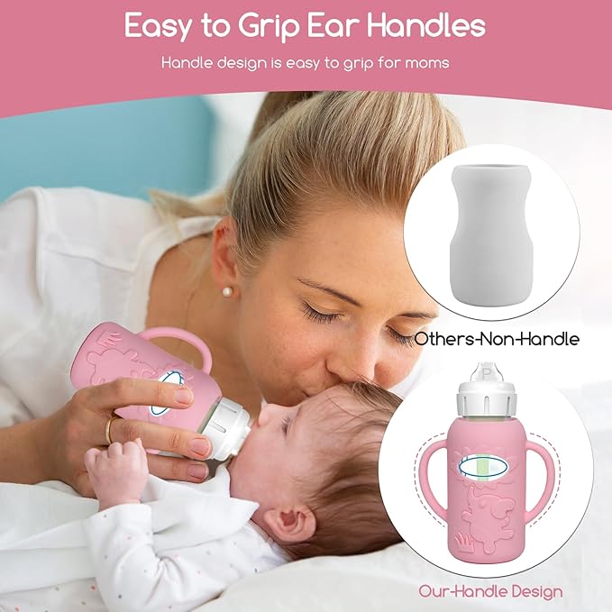 4 Pack Silicone Sleeves for Dr. Brown's Glass Baby Bottles -Drop Protection Easy-Grip Baby Bottle Sleeves Holder with Handles, Compatible with Dr. Brown's Newborn Glass Bottles 4 oz/120 ml