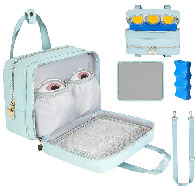 Wearable Breast Pump Bag with Cooler Compartment,Breast Milk Pump Travel Bag Compatible with Willow,Elvie,Medela Pump&Momcozy M5/S12 Pro, Carrying Case for Pump Parts and Bottles,Blue