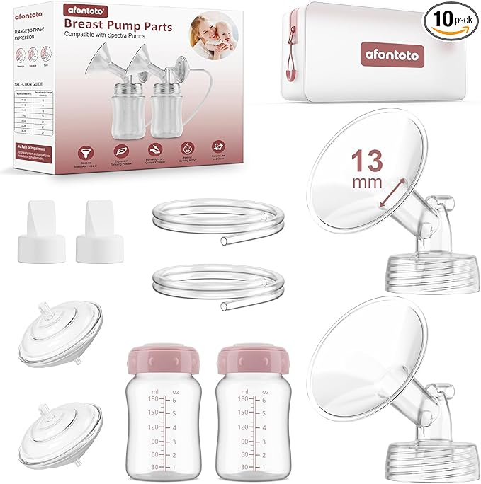 Pump Parts Compatible with Spectra S1/S2/9Plus Breastpump, 2 Set Replacement Pump Parts for Spectra Include 13mm Flange, Duckbill Valve, Backflow Protector, Tube, Bottle, Not Original Accessories