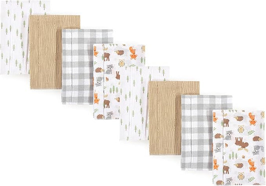 Hudson Baby Cotton Poly Flannel Burp Cloths Multipack, Woodland 8-Pack, One Size