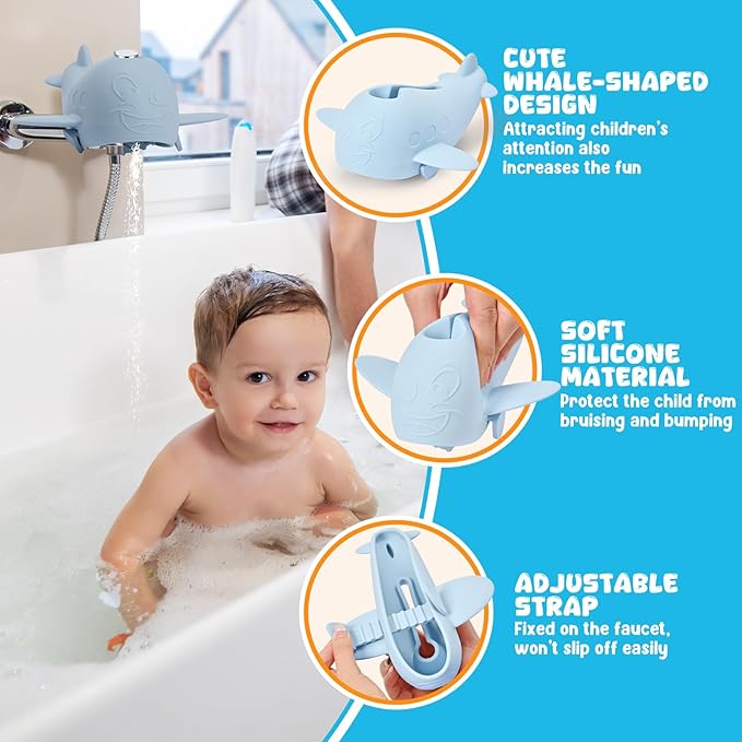 Bath Spout Cover, Baby Bathtub Faucet Cover, Universal Silicone Safety Guard with Anti-Slip Strap, Whale Design for Kids/Toddlers, Prevents Bumps & Scalds (Green)