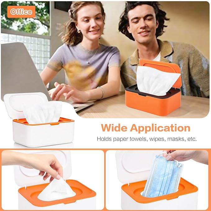 2Pcs Wipe Dispenser, Reusable Baby Wipe Holder Refillable Wipes Container, Easy Open & Close Wipes Pouch Case with Lid for Bathroom Baby Nursery Kitchen Office Travel (Orange)