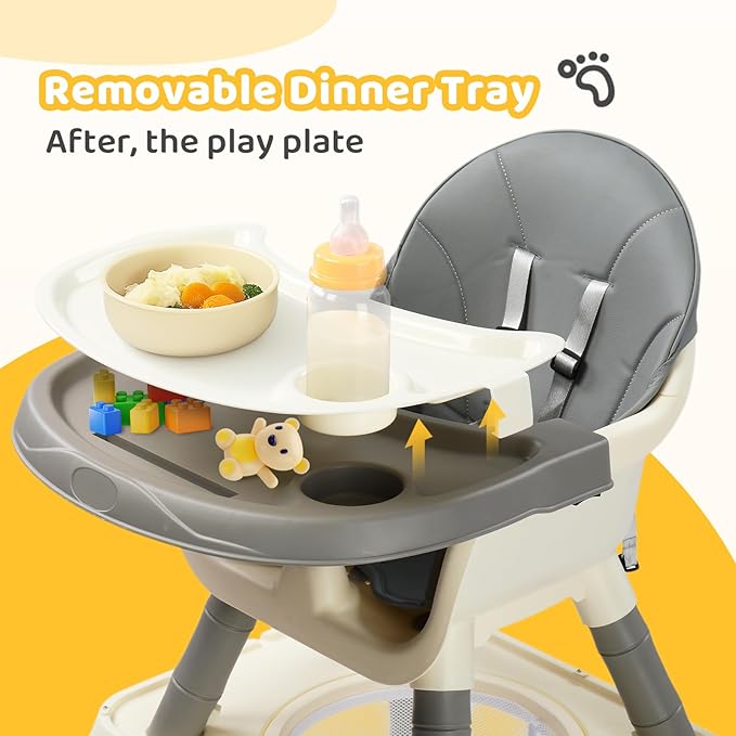 JOYMOR 7 in 1 High Chair for Babies and Toddlers, Convertible Kids Learning Table and Chair with Large Baske for Storage (Gray)