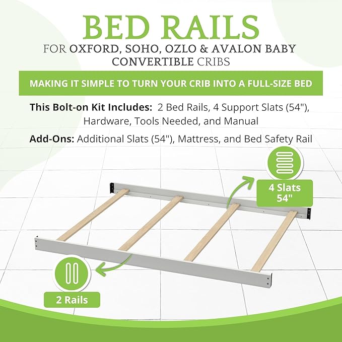 Full-Size Conversion Kit Bed Rails for Oxford, Soho, Ozlo & Avalon Baby Convertible Cribs - Solid Wood - Toddler and Adult Rail for Full-Size Bed - Nursery and Baby Furniture (Gray, Bolt-On Kit)