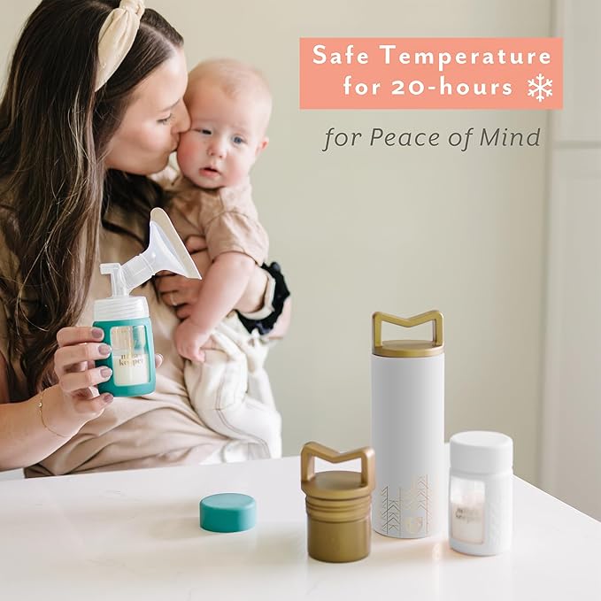 Mila's Keeper Portable Insulated Breast Milk Cooler Set | 20 Hr Storage | Cooler, Breast Milk Storage Bottle & Ice Pack for Travel | Fits Leading Pumps | Standard Neck Aspen White