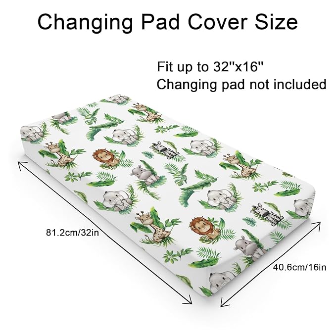 Baby Safari Animals Tropical Palm Leaves Changing Pad Covers Lion Elephant Giraffe Zebra Hippo Diaper Change Table Pad Covers for Girl Boy Soft Breathable Stretch Changing Mat Sheets 32''x16''