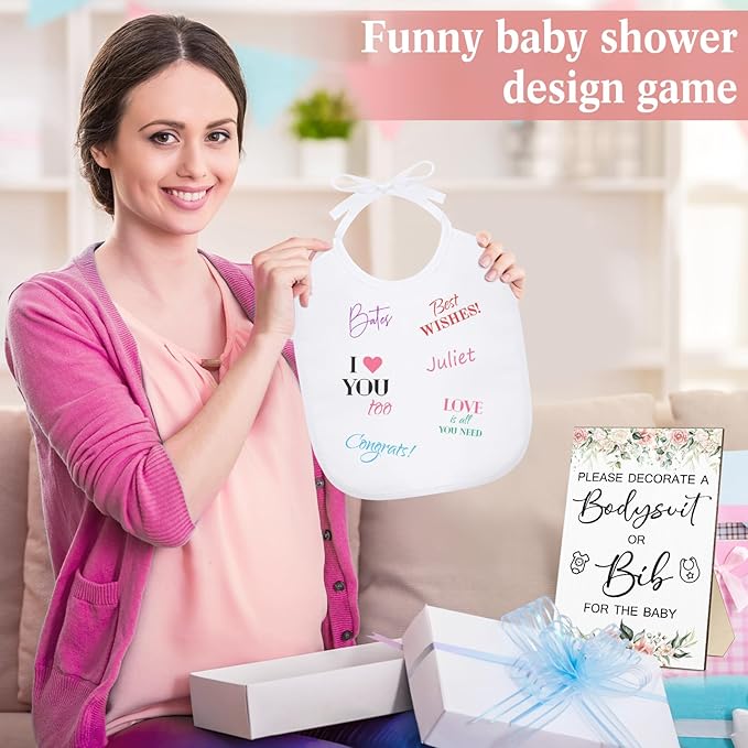 Roowest 35 Pcs Baby Shower Bibs Games Design Wooden Baby Shower Party Game Sign DIY Bodysuit Sign 15 White Blank Bibs 9 Bodysuit 10 Markers for Party Supplies(Flower)