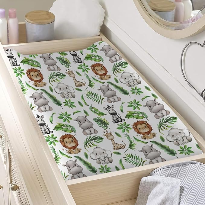 Tropical Jungle Safari Animals Leaves Changing Pad Covers Elephant Giraffe Zebra Lion Hippo Diaper Change Table Sheets for Girls Boys Soft Stretchy Snug Fitted Changing Mats Cover 32''x16''