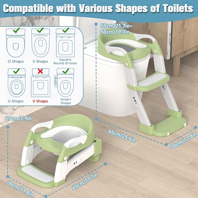 Potty Training Seat, Toddler Potty Training Toilet with Step Stool Ladder for Kids Boys Girls, 3 in 1 Foldable Toilet Seat Potty Chair with Urinals, Splash Guard, Handles, Anti-Slip Pad,Green