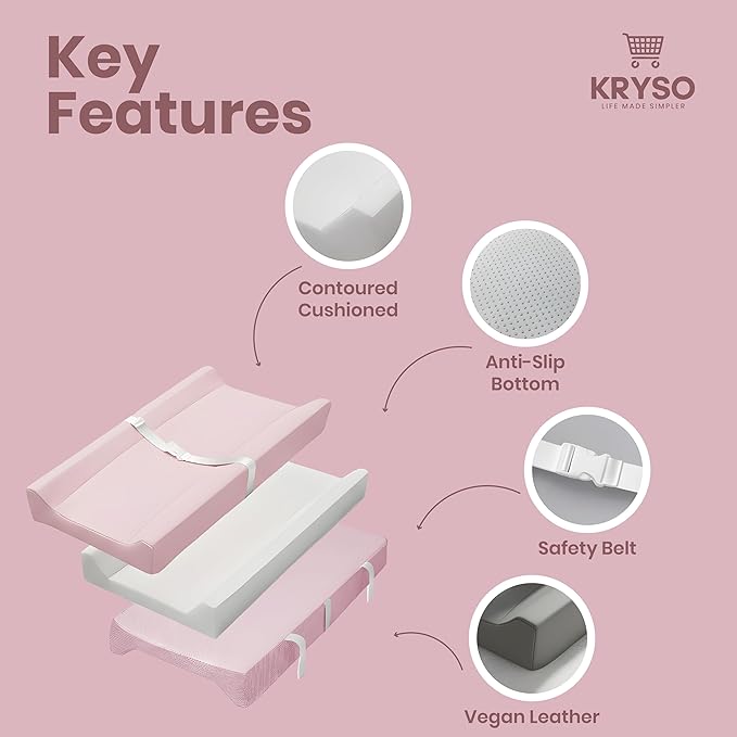 KRYSO Baby Changing Pad – Soft Vegan Leather Changing Pad, Waterproof and Wipeable Diaper Changing Mat, Easy-to-Clean Baby Mat for Newborns and Toddlers (Light Pink)
