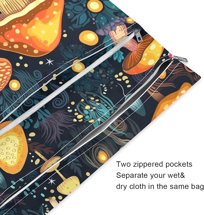 Mushrooms Forest Wet Dry Bag for Baby Cloth Diaper Waterproof Reusable Travel Wet Bag with Two Zippered Pockets for Swimsuits, 2 Pcs