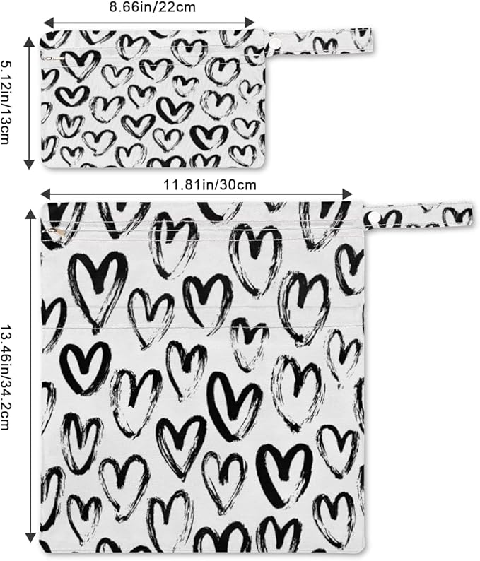 Wet Dry Bags Hearts Waterproof Wet Bag Black and White Reusable Bags for Swimsuits Cloth Diapers Beach Pool Gym Travel Baby Item 2 Pcs