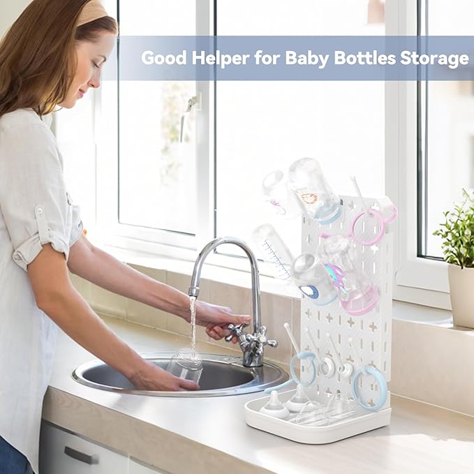 Baby Bottle Drying Rack Baby Bottle Holder Space Saving Bottle Dryer Rack Station Countertop Storage Organizer 12 Travel Bottle Drying Rack Vertical Breast Pump Part Plastic Bag Cup Dryer Tower White