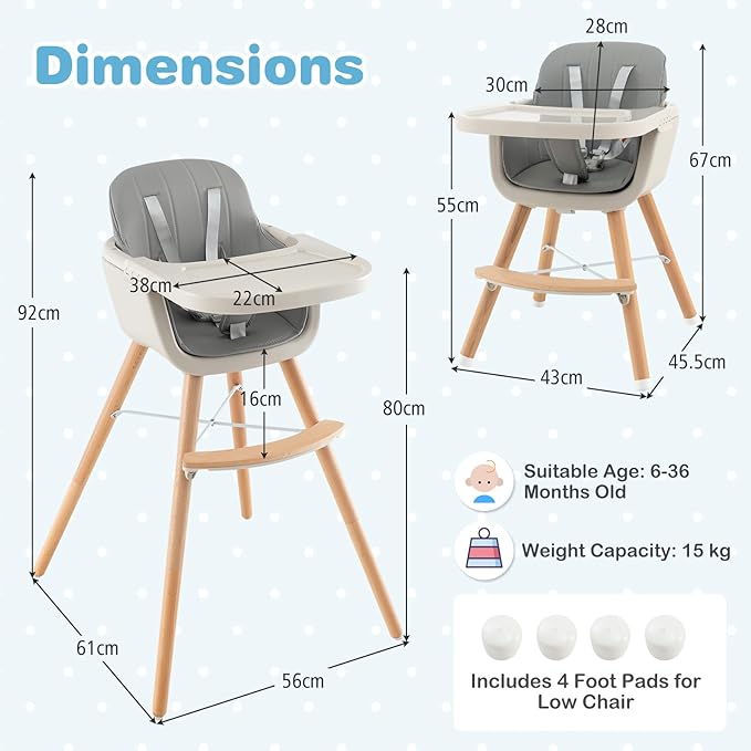 HONEY JOY Baby High Chair, 6-in-1 Eat & Grow Wooden Highchair/Toddler Chair with Removable Tray, 5-Point Harness, PU Cushion and Footrest, Convertible High Chair for Babies and Toddlers(Gray)
