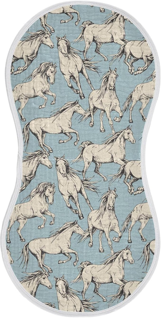 Muslin Burp Cloths for Baby Boys and Girls - 1-Pack Ultra Absorbent Beige Horses Muslin Washcloths, Newborn Towel, Milk Spit Up Rags, Burp Cloth Bib for Unisex, 22 x 11 Inch