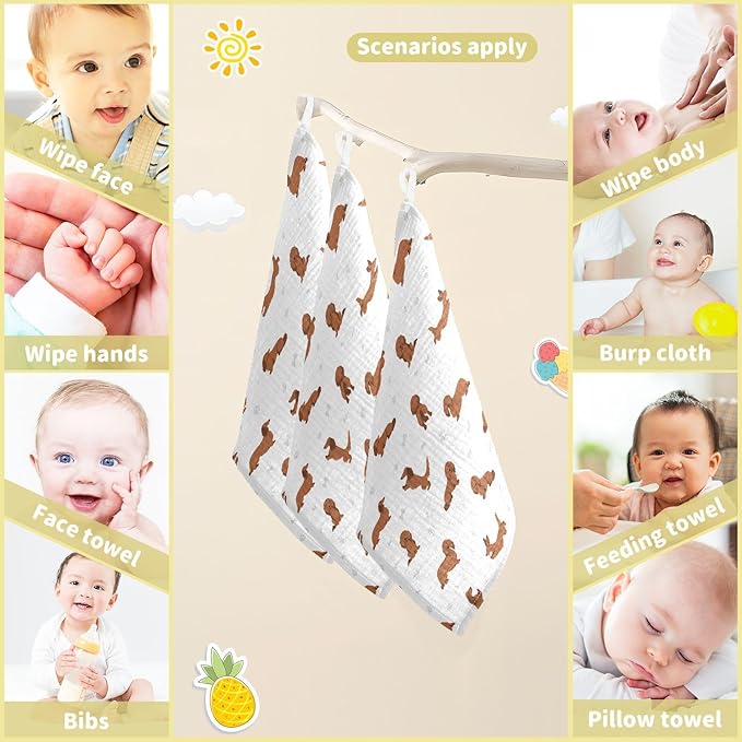 vvfelixl Baby Cotton Washcloths Dachshund Long Haired Infants Bath Towel for Unisex Face Towels for Newborn, Natural Baby Wipes Delicate Skin, 11.8 X 11.8 inch, one sizex3