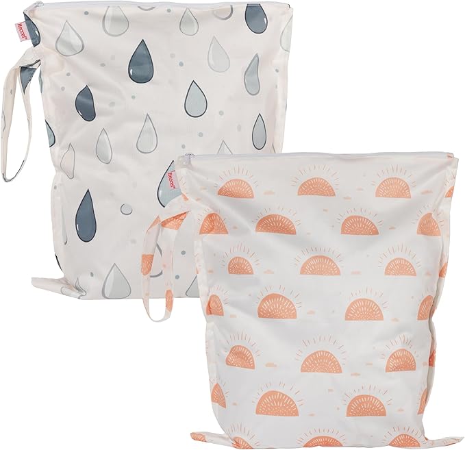 HECCEI Wet Dry Bag, 2-Pack Reusable Waterproof Wet Bags for Swimsuits & Baby Clothes, Leakproof Cloth Diaper Wet Bags for Travel & Diaper Changes (Sunny Drizzle)