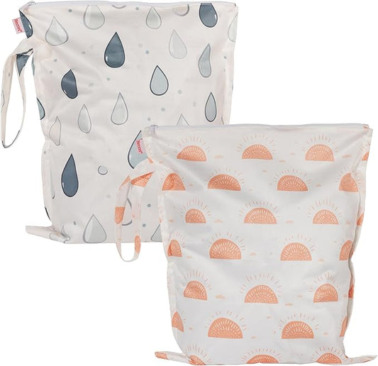 HECCEI Wet Dry Bag, 2-Pack Reusable Waterproof Wet Bags for Swimsuits & Baby Clothes, Leakproof Cloth Diaper Wet Bags for Travel & Diaper Changes (Sunny Drizzle)