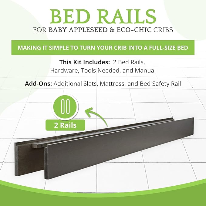 Full-Size Conversion Kit Bed Rails for Baby Appleseed and Eco-Chic Convertible Cribs - Solid Wood Rail - Toddler & Adult Bed Rail for Full-Size Beds - Nursery & Baby Furniture (Slate, Bolt-On Kit)
