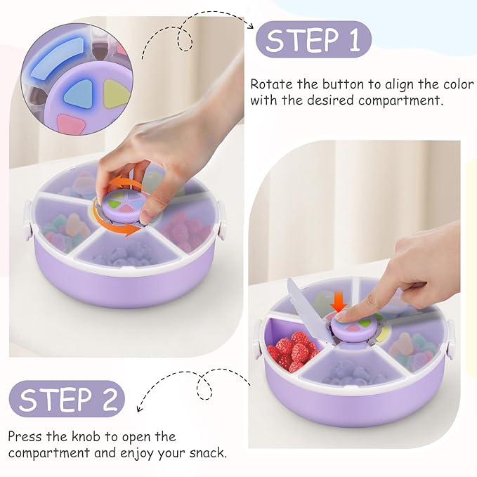 JOOPETALK Kids Reusable Rotating Snack Container with 5 Separate Compartments, Color Matching Opening Lid, BPA/PVC-Free, Dishwasher Safe, Perfect for Travel, School Lunches & On-the-Go Snacking-Purple