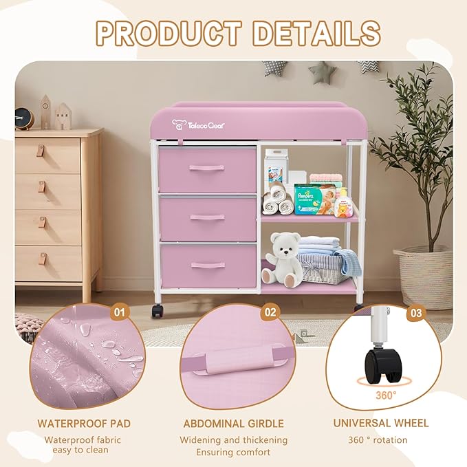 Baby Changing Table, Portable Changing Table, Diaper Changing Station with Waterproof Pad, Changing Table Dresser with 3 Storage Baskets, Mobile Nursery Organizer for Newborn Essentials