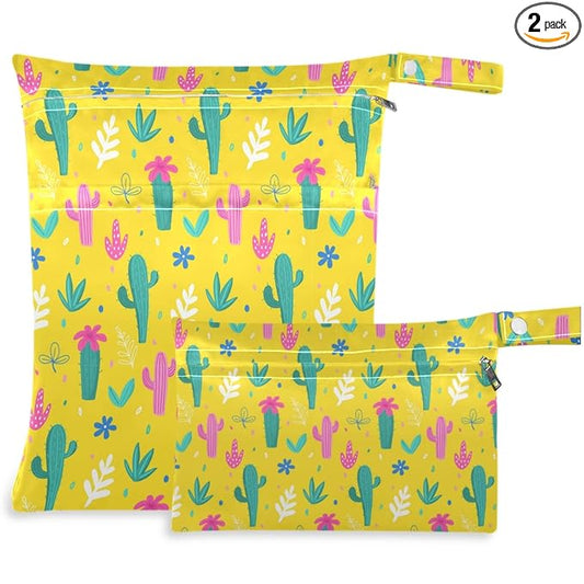 visesunny Colorful Cactus Floral 2Pcs Wet Bag with Zippered Pockets Washable Reusable Roomy for Travel,Beach,Pool,Daycare,Stroller,Diapers,Dirty Gym Clothes, Wet Swimsuits, Toiletries