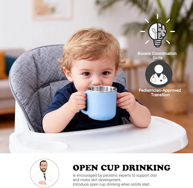 Bakpoco Kids Dinnerware Set - 6 Piese Toddler Plates and Suction Bowls Set with Kids Utensils&Cup, 2 IN 1 Stainless Steel & Silicone Baby Self Feeding Supplies, Blue