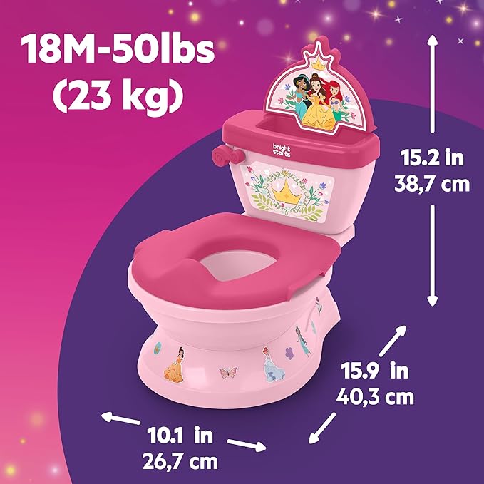 Bright Starts Disney Junior Princess My Size Potty Training Toilet, Toddler Potty Chair with Flushing & Cheering Sounds, Removable Seat with Splash Guard & Handles, Ages 18+ Months, Up to 50 lbs