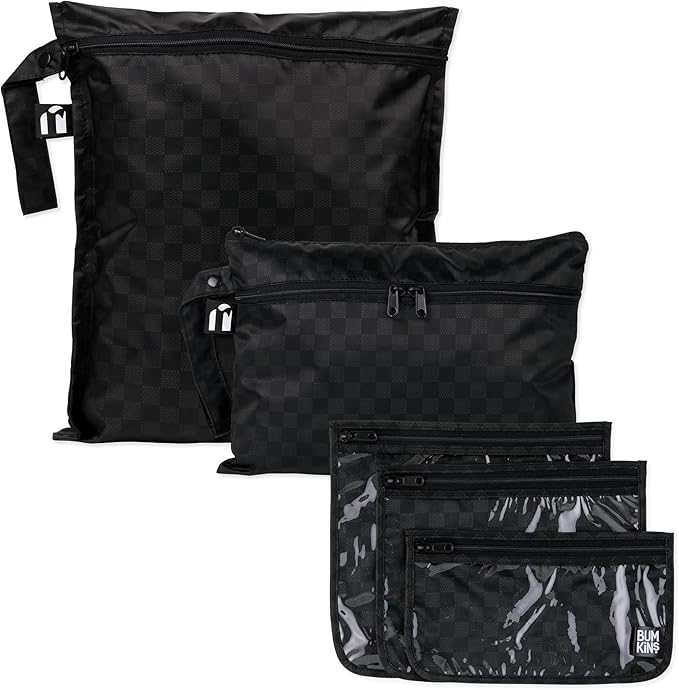 Bumkins and Roamio Waterproof Wet Bag, Wet/Dry Clutch & Clear Travel Bags - For Beach, Baby, Travel, Cloth Diapers, Pump Parts, Pool, Gym, Toiletries - Reusable & Easy to Clean - Black Check - 5 Pack